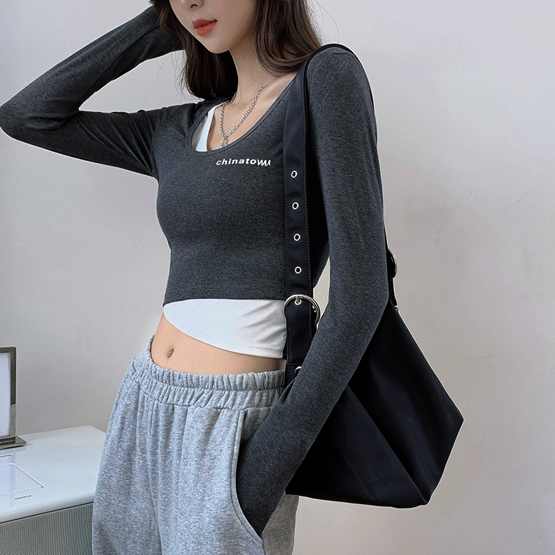 韩版假两件打底衫女春秋冬2023新款内搭长袖t恤修身洋气短款上衣