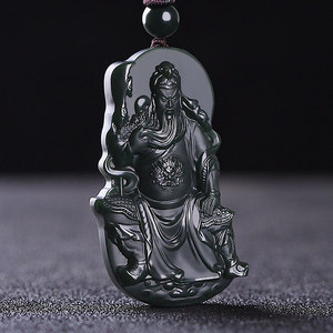 新疆和田玉塔青玉关公玉牌吊坠