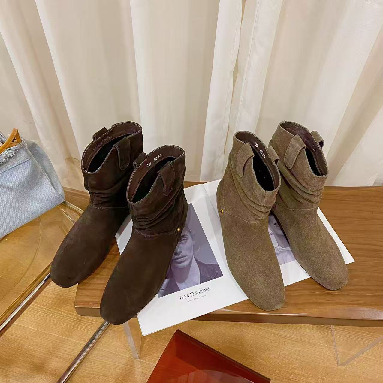 高档头层牛皮粗跟时尚短靴女