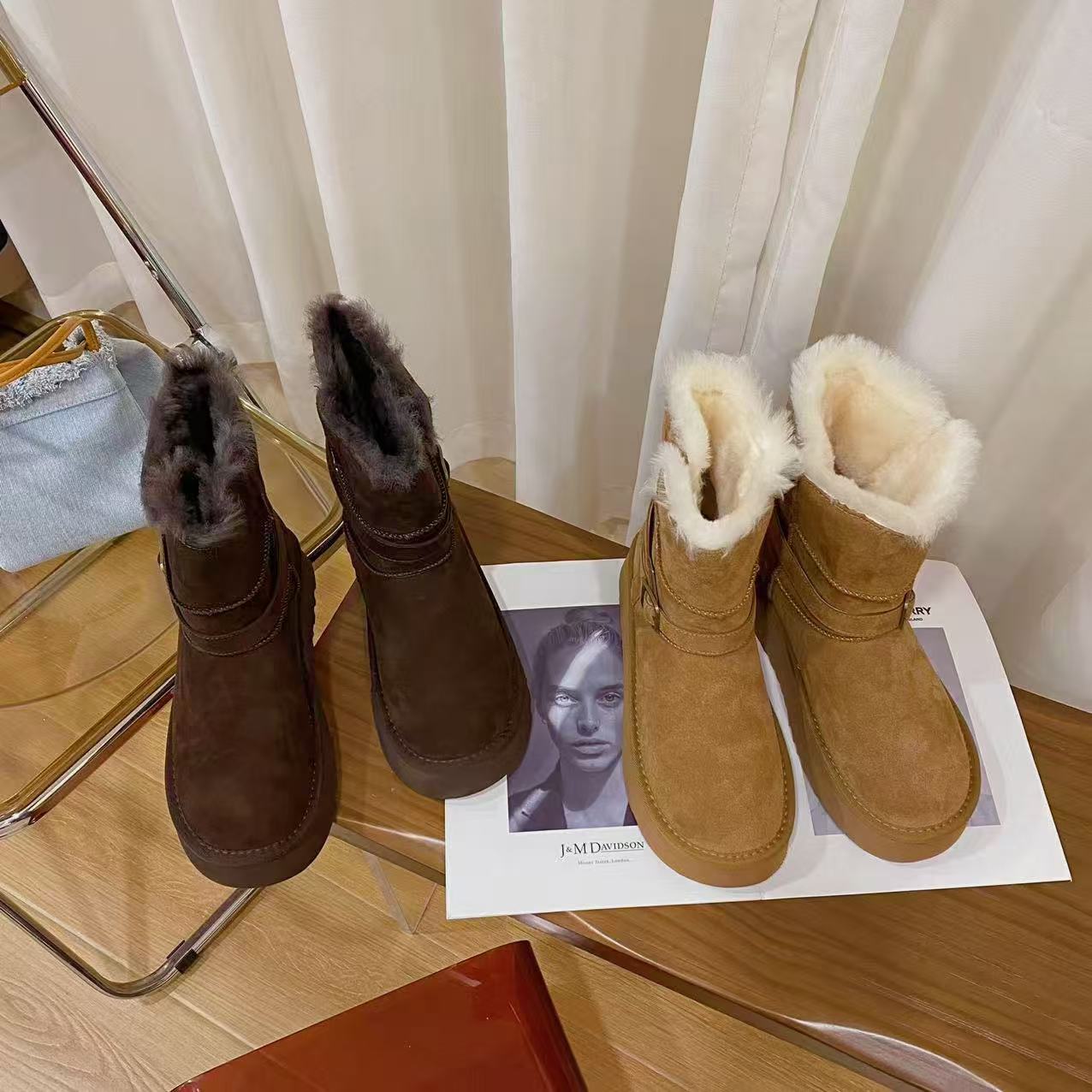 高档头层牛皮粗跟时尚短靴女