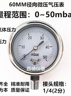 60MM径向0－50mbar（毫巴）压力表 毫巴燃气表 气压表  风压表