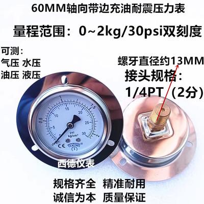 YN-60ZT 60MM背式带边（嵌装式）0－2KG充油防震压力表 液压表