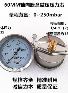60MM轴向带支架(面板式安装)0-250mbar压力表 微压毫巴压力表