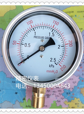 YE100膜盒压力表 0~2.5KPA/250MMH2O微压压力表 毫米水柱压力表