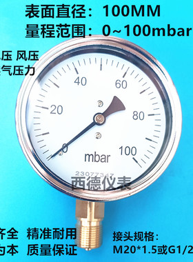 100MM直立式0-100mbar膜盒微压压力表 毫巴压力表 燃气压力表