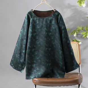 新中式墨绿色桑蚕丝真丝桑波缎香云纱插肩袖上衣复古气质长袖T恤