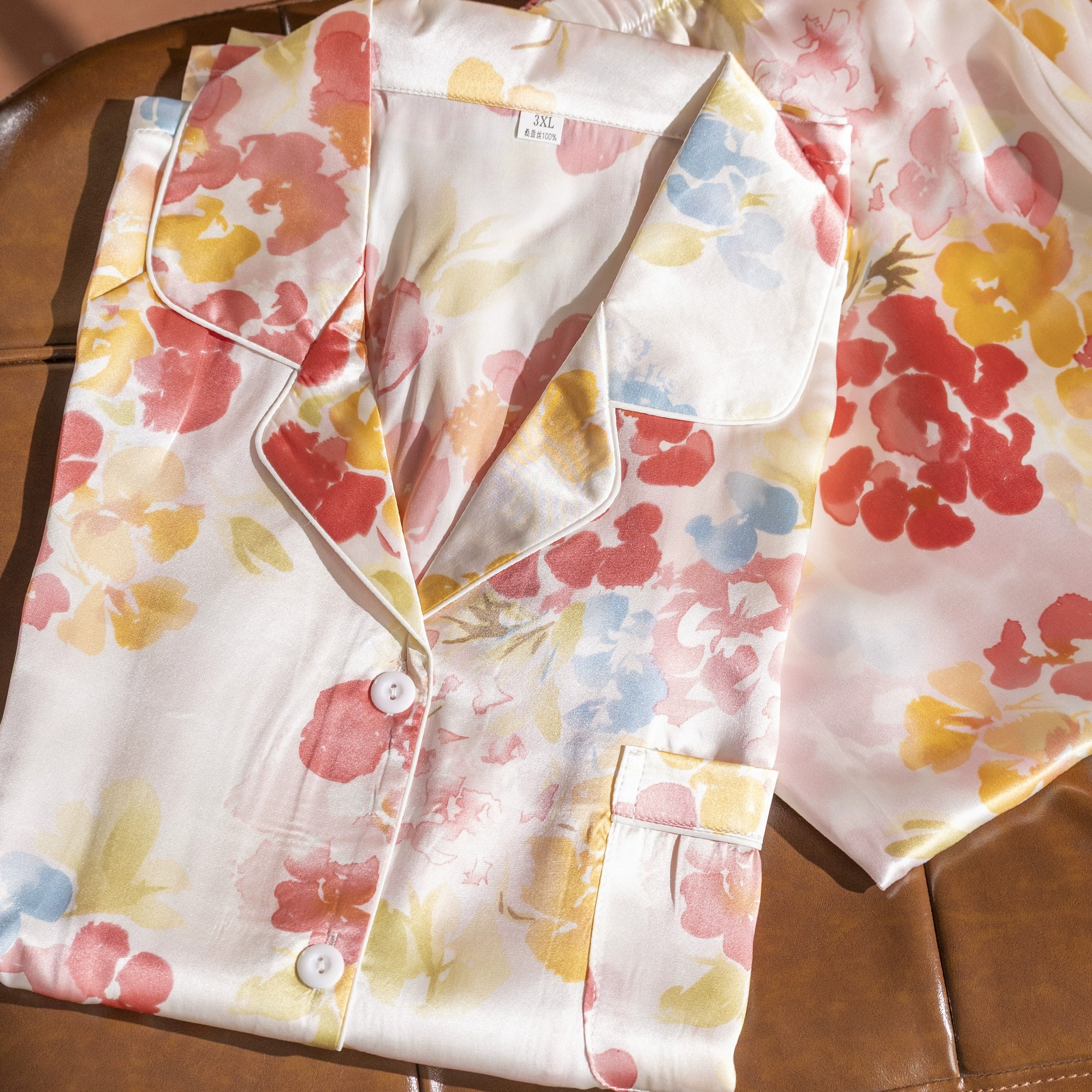 亲肤柔软桑蚕丝真丝素绉缎睡衣女长袖长裤温柔翻领舒适家居服套装