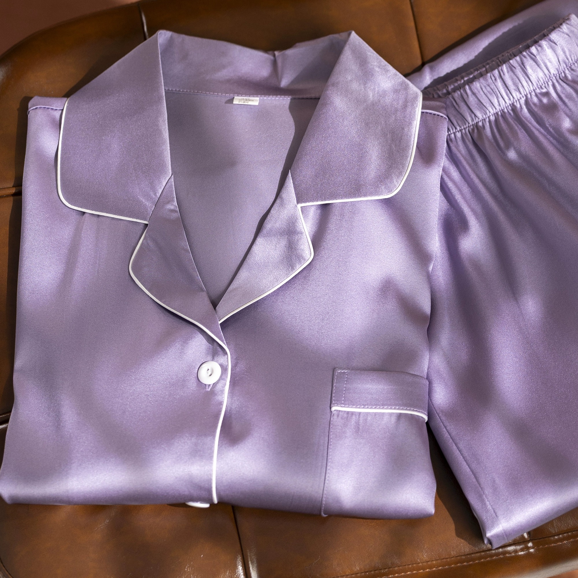 新款宽松桑蚕丝真丝弹力缎紫色睡衣两件套简约纯色亲肤家居服套装