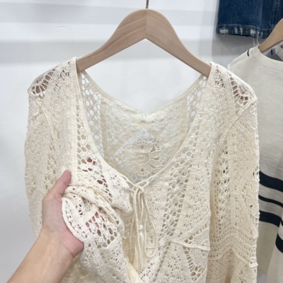 喇叭袖系带针织开衫披肩女外搭配裙子空调衫斗篷镂空罩衫宽松上衣