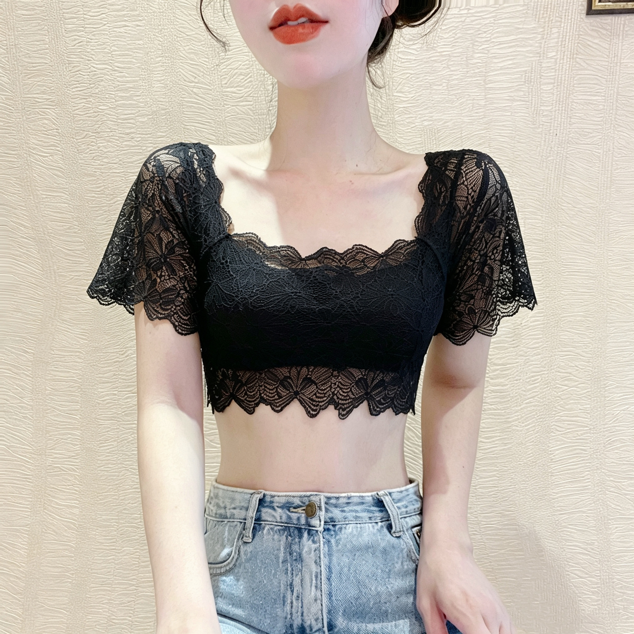 吊带裙内搭短袖抹胸防走光背心叠穿打底衫女裹胸蕾丝方领网纱上衣