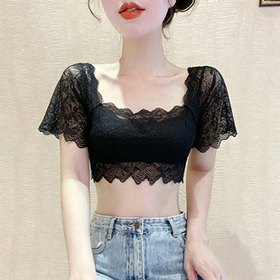 吊带裙内搭短袖抹胸防走光背心叠穿打底衫女裹胸蕾丝方领网纱上衣