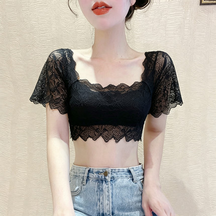 吊带裙内搭短袖抹胸防走光背心叠穿打底衫女裹胸蕾丝方领网纱上衣