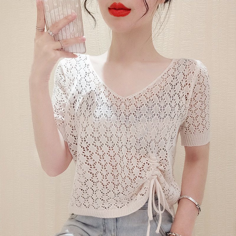 吊带裙外搭镂空针织衫女2023新款夏季罩衫短袖侧抽绳套头网衫上衣