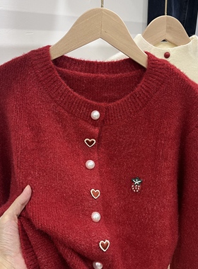 草莓仿水貂绒2026马年本命年衣服中国红毛衣开衫外套女针织上衣冬