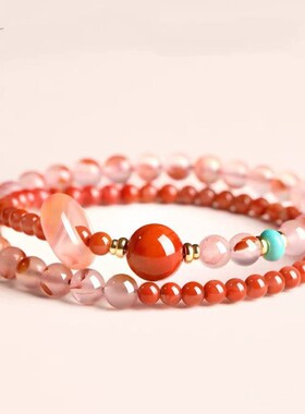 天然冰飘红玛瑙手链南红手串双拼盐源跑环叠戴手饰生日礼物送女友