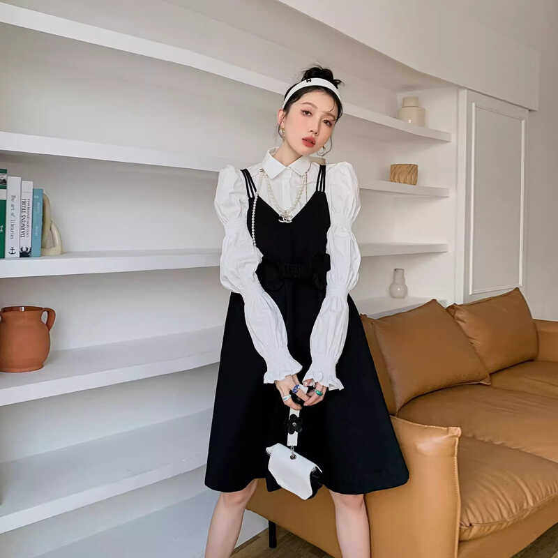 小清新甜美学院风背带连衣裙女长袖衬衫两件套宽松孕妇长裙套装裙