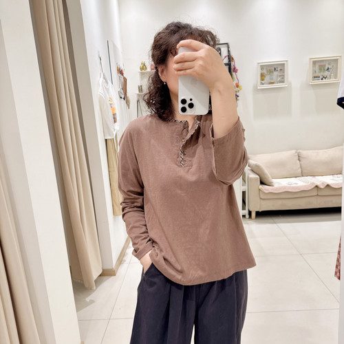 韩国代购puco秋亨利领长袖T恤女复古格纹包边竹节棉显瘦打底上衣
