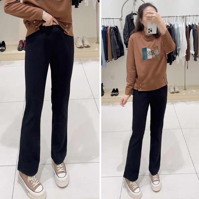 韩国进口young微喇裤中高腰松紧修身弹力加绒直筒垂顺微喇长裤