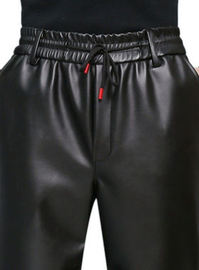 防风防水冬季男士高腰皮裤摩托车加绒中老年休闲皮裤宽松直筒长裤