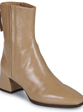 代购unisa女士短靴透气软底轻便防滑方头粗跟侧拉链皮质日常穿搭