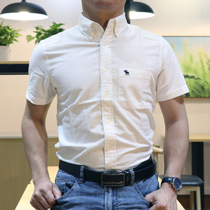 美国男装夏季牛津纺口袋大码af短袖衬衫纯色商务正装纯棉半袖衬衣