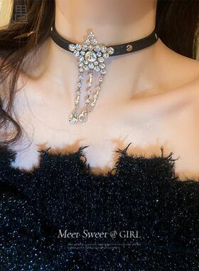 黑色流苏嘻哈颈带玉都遇锁骨链女