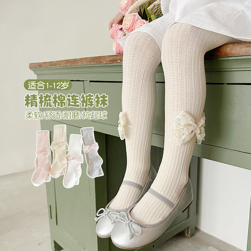 定制女童打底裤2025夏季麻花纹儿童打底裤 纯色蝴蝶结女童连裤袜