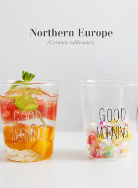 ins北欧式风早餐牛奶果汁创意饮品耐热透明水good moring玻璃杯子