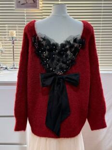 柚子与茶9902蝴蝶仙子女后背蕾丝拼接蝴蝶结针织衫 慵懒宽松毛衣