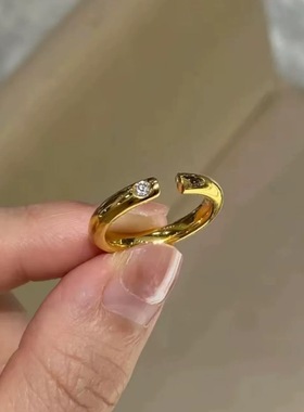 新中式国潮风镶钻泥鳅背戒指女金色开口戒可调节素圈百搭情侣款