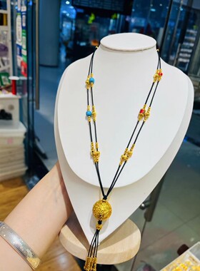 新中式国潮风古法錾刻龙珠流苏编织项链生肖龙吊坠长款毛衣链女