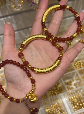 新中式国潮风古法百福弯管红玛瑙多宝手链胖福六字真言流苏手串