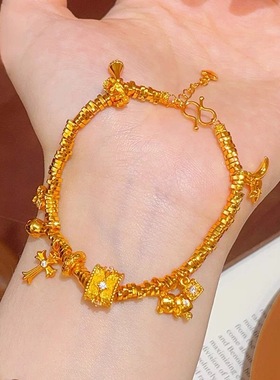 新中式古法沙金点钻拉丝四芒星桶珠小熊盘缠手链四叶草小众手串女