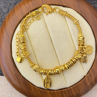 新中式国潮风古法锤纹小盘缠手链招财葫芦满圈可调节手链