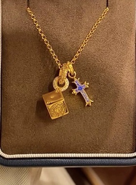 新中式国潮风点钻十字架筛子吊坠项链实心方块几何图形挂坠女送礼