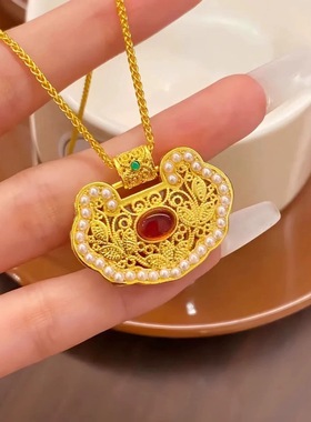 新中式国潮风古法宫廷花丝花开富贵珍珍如意锁包项链平安锁毛衣链