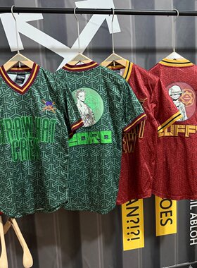 夏季男子宽松运动速干V领T恤海贼王路飞索隆刺绣潮流oversize短袖