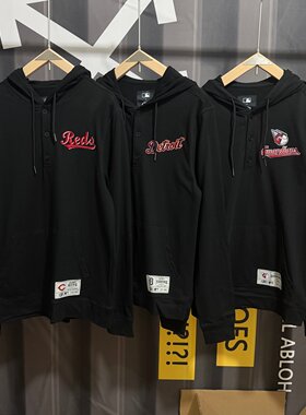 美式棒球REDS老虎纽扣领连帽卫衣男春秋宽松刺绣帽衫运动纯棉长袖