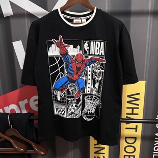次品处理 漫威联名款蜘蛛侠圆领短袖纯棉重磅美式休闲潮宽松T恤