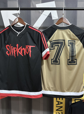 美式嘻哈宽松V领短袖说唱2PAC印花SLIPKNOT网眼透气速干运动T恤