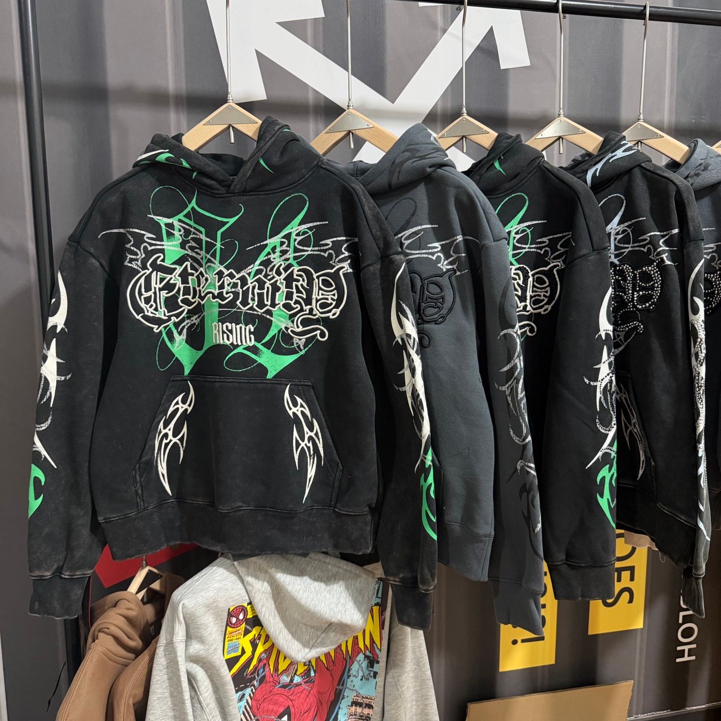 外贸牛货重磅男女情侣美式复古水洗烫钻刺绣连帽加绒加厚卫衣宽松