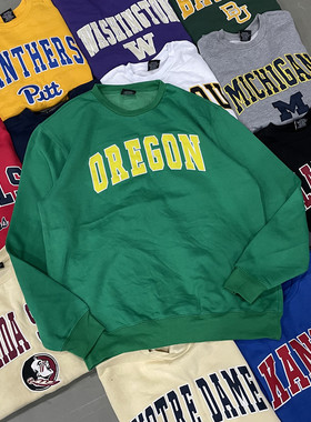 NCAA秋冬薄绒圆领卫衣vintage古着宽松休闲上衣刺绣花oversize风