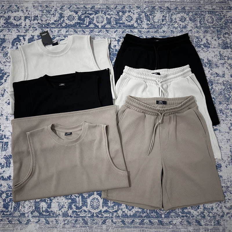 出口中东订单坎肩背心短裤运动套装男夏季宽松高级面料纯色无袖
