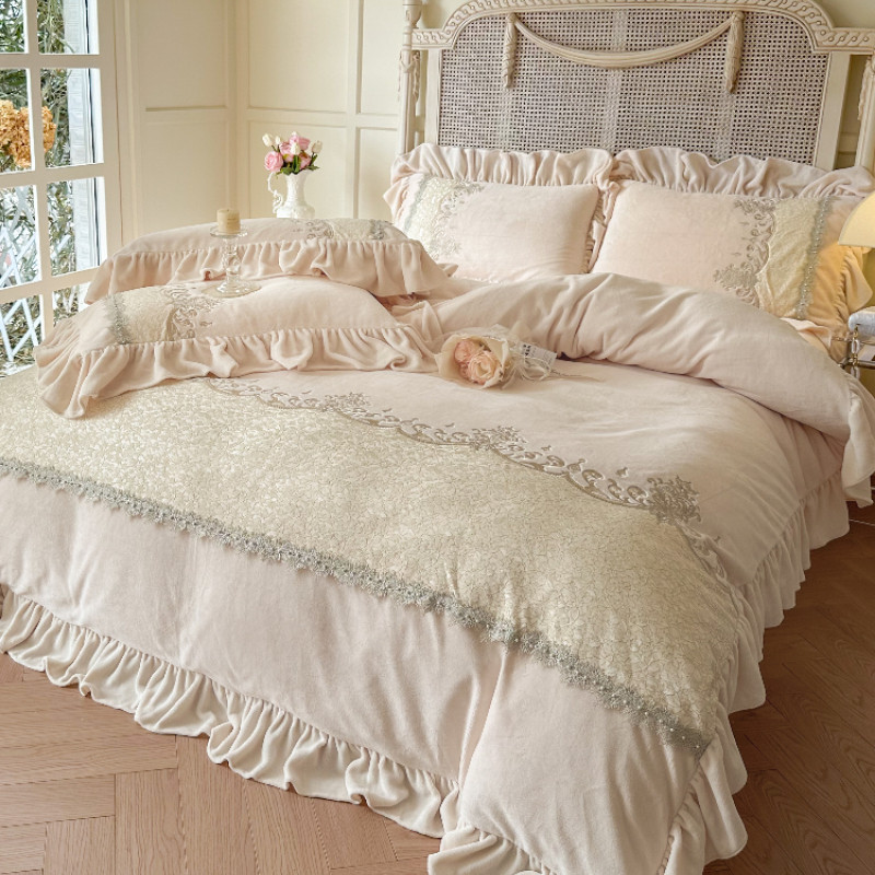法式公主风加厚牛奶绒四件套高级感珊瑚绒蕾丝花边被套少女心床单