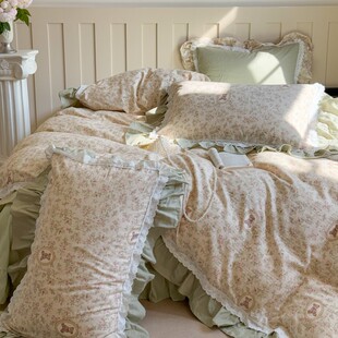 法式碎花少女心双层纱全棉四件套纯棉浪漫蕾丝花边被套裸睡床上品