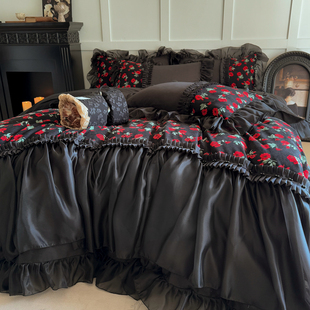 法式 复古全棉长绒棉床裙四件套浪漫花卉蕾丝边被套公主风高端床品