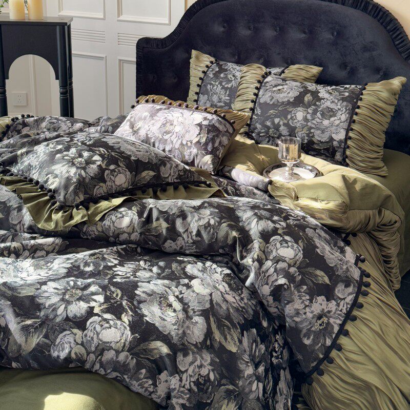 法式复古全棉长绒棉四件套纯棉褶皱花边被套贡缎提花少女床上用品