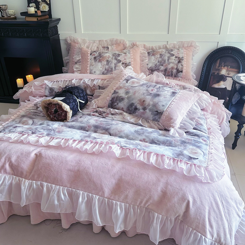 法式浪漫加厚牛奶绒四件套公主风双面珊瑚绒蕾丝玫瑰被套床单冬季
