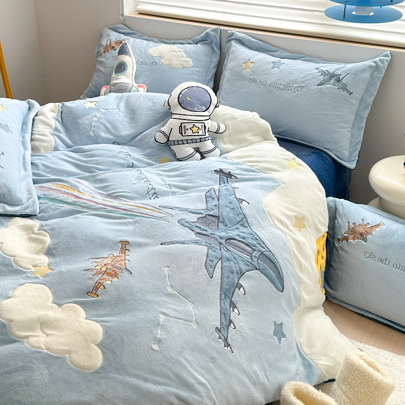 卡通小飞机男孩加厚牛奶绒四件套