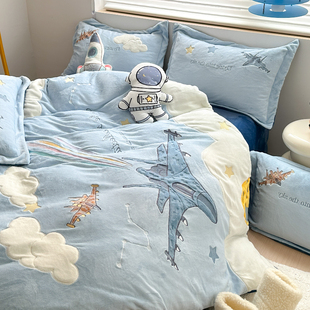 卡通小飞机男孩加厚牛奶绒四件套儿童可爱双面毛绒珊瑚绒被套床单